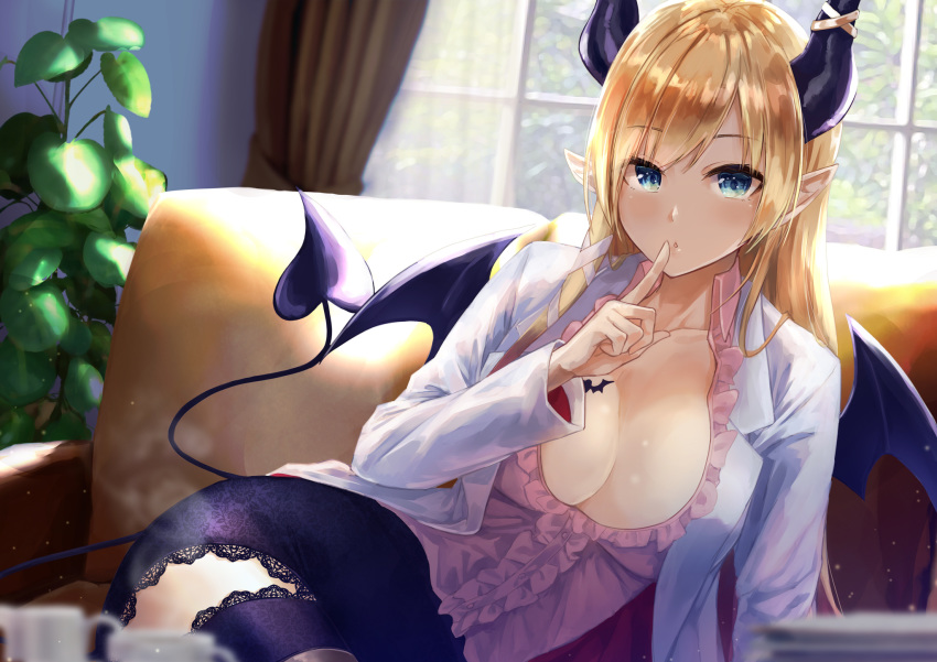 1girl arm_support bangs black_wings blonde_hair blurry_foreground blush breasts cleavage collarbone collared_shirt commentary couch cup curtains day demon_girl demon_horns demon_tail demon_wings eyebrows_visible_through_hair finger_to_mouth floral_print frilled_shirt frills green_eyes highres hololive horns indoors konkito lace lace-trimmed_legwear lace-trimmed_skirt large_breasts long_hair long_sleeves looking_at_viewer pink_skirt plant pointy_ears potted_plant print_legwear print_skirt purple_legwear purple_skirt rose_print shirt shushing skirt solo steam succubus sunlight tail virtual_youtuber window wings yuzuki_choco