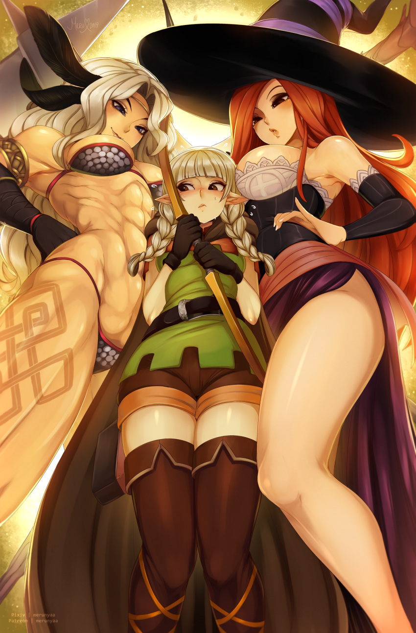 2019 3girls abs amazon amazon_(dragon's_crown) armlet armpits artist_name belt bikini blue_eyes bow_(weapon) braid breasts brown_eyes brown_hair circlet cleavage detached_sleeves dragon's_crown dress elf elf_(dragon's_crown) eyeshadow girl_sandwich gloves grey_hair hand_on_hip hat highres knees_together_feet_apart large_breasts long_hair looking_at_another makeup merunyaa multiple_girls muscle muscular_female navel patreon_username pixiv_username pointy_ears sandwiched short_shorts shorts silver_hair smile sorceress_(dragon's_crown) standing stomach sweat swimsuit thighhighs toned twin_braids very_long_hair weapon witch_hat yuri