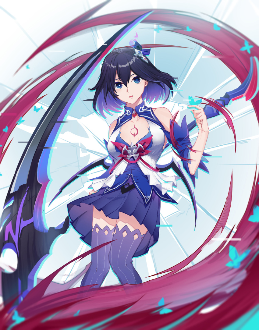 1girl 7t :o absurdres bangs bare_shoulders black_hair blue_eyes blue_hair blush breasts bug butterfly cleavage dress eyebrows_visible_through_hair hair_between_eyes hair_ornament hand_up highres holding holding_scythe honkai_(series) honkai_impact_3rd insect looking_at_viewer medium_breasts multicolored_hair scythe seele_vollerei short_hair skirt solo standing tattoo thighhighs