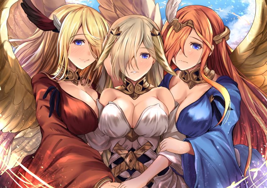 3girls badhbh_catha blonde_hair blue_eyes blush breasts choker circlet cleavage commentary_request dress feathers granblue_fantasy hair_ornament hair_over_one_eye hand_on_another's_arm holding_hands kanzaki_kureha large_breasts looking_at_viewer morrigna multiple_girls orange_hair siblings sisters smile wings