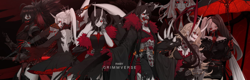 angel_wings animal_ears armor armored_dress armored_gloves backless_outfit bat_wings belt black_dress black_hair blake_belladonna blonde_hair braided_ponytail breasts cat_ears chain cleavage color_connection combat_shirt corruption cracked_skin crazy_smile dishwasher1910 dress evil_eyes evil_smile fangs feather-trimmed_sleeves feathers grimm hair_color_connection hair_ribbon highres horns image_sample long_hair mask neo_(rwby) ootachi parasol ponytail rapier raven_branwen red_eyes ribbon ruby_rose salem_(rwby) scythe short_hair side_ponytail smile sword tentacles thighs twitter_sample umbrella weapon weiss_schnee white_hair white_skin wings yang_xiao_long