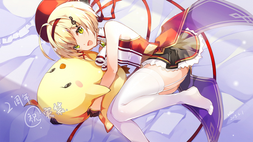 1girl ahoge animal_pillow azur_lane bed beret blonde_hair breasts gloves green_eyes hair_between_eyes hat headband looking_at_viewer lying manjuu_(azur_lane) musical_note_hair_ornament pillow short_hair sleeveless small_breasts solo southampton_(azur_lane) thighhighs vilor white_legwear