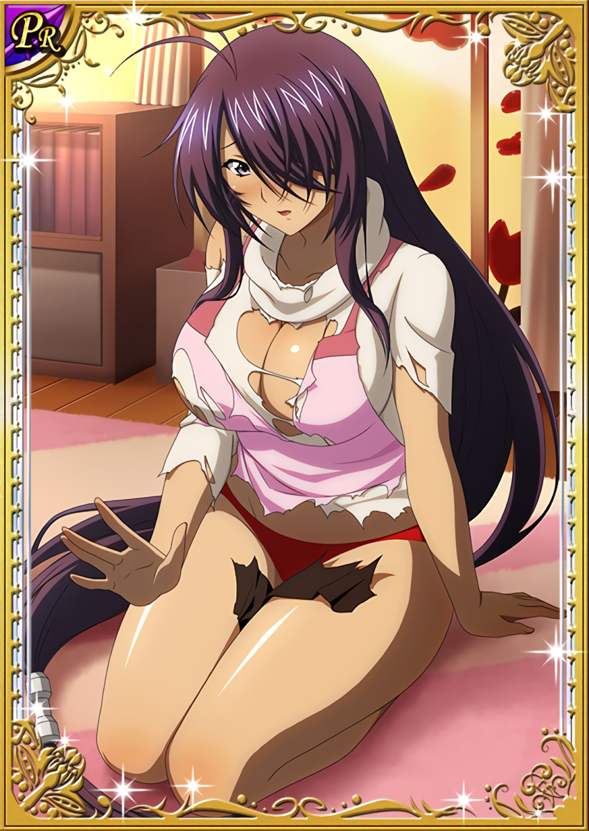 1girl absurdly_long_hair antenna_hair arm_support bangs bedroom breasts card_(medium) cleavage grey_eyes groin hair_over_one_eye highres ikkitousen indoors kan'u_unchou kneeling large_breasts long_hair looking_at_viewer midriff panties purple_hair red_panties shiny shiny_hair shiny_skin solo stomach straight_hair sweater swept_bangs torn_sweater turtleneck turtleneck_sweater underwear very_long_hair white_sweater wooden_floor