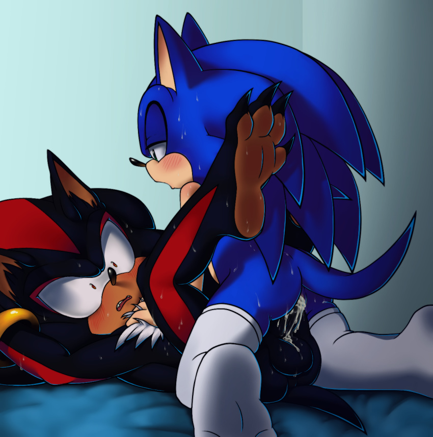 anthro balls claws clothing crossgender cum cum_in_pussy cum_inside cuntboy duo feet hi_res intersex legwear nowykowski7 paws penetration penis pussy shadow_the_hedgehog sonic_(series) sonic_the_hedgehog sweat thigh_highs toe_claws vaginal vaginal_penetration