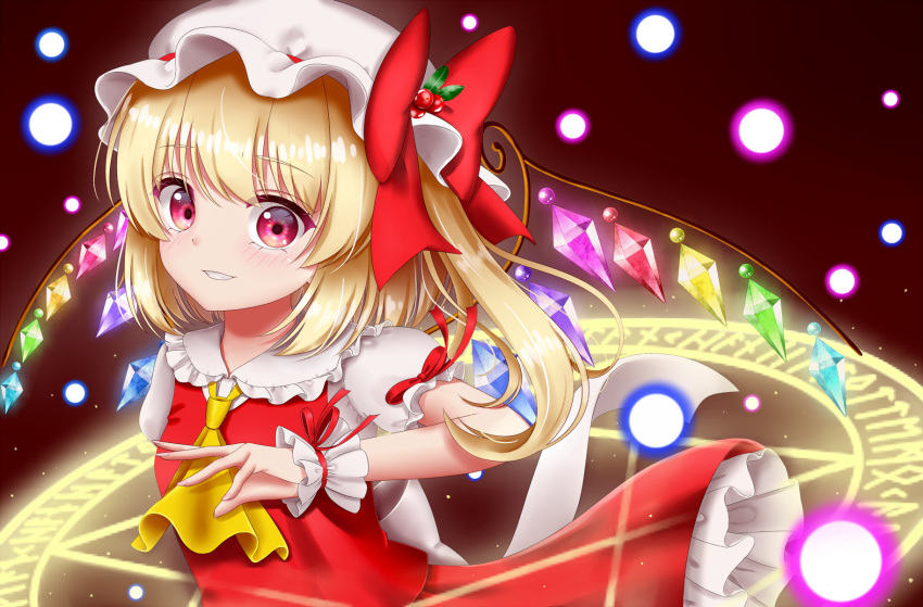 1girl arm_up blonde_hair blush commentary_request cranberry danmaku eyebrows_visible_through_hair flandre_scarlet gradient gradient_background grin hat hat_ornament hat_ribbon hexagram highres looking_at_viewer magic_circle mob_cap nyanyanoruru partial_commentary puffy_short_sleeves puffy_sleeves red_background red_eyes red_skirt red_vest ribbon runes shirt short_sleeves side_ponytail simple_background skirt smile solo touhou vest white_headwear white_shirt wide-eyed wings wrist_cuffs yellow_neckwear