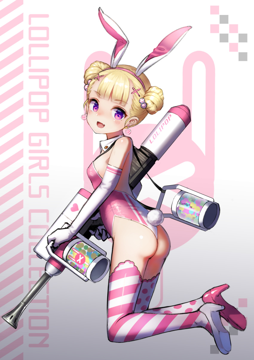 :d animal_ears ass bangs bare_shoulders blonde_hair blunt_bangs blush breasts bunny_ears bunnysuit character_request copyright_request detached_collar diagonal-striped_legwear double_bun earrings eyebrows_visible_through_hair fake_animal_ears fake_tail fang from_side full_body gloves gradient gradient_background grey_background gun hair_bobbles hair_ornament hairband head_tilt heart high_heels highres holding holding_gun holding_weapon jewelry looking_at_viewer mismatched_footwear mismatched_legwear open_mouth pink_footwear pink_hairband pink_legwear polka_dot polka_dot_legwear purple_eyes pyonsuke_(pyon2_mfg) rifle short_hair small_breasts smile tail thighhighs thighs weapon white_background white_footwear white_gloves white_legwear x_hair_ornament