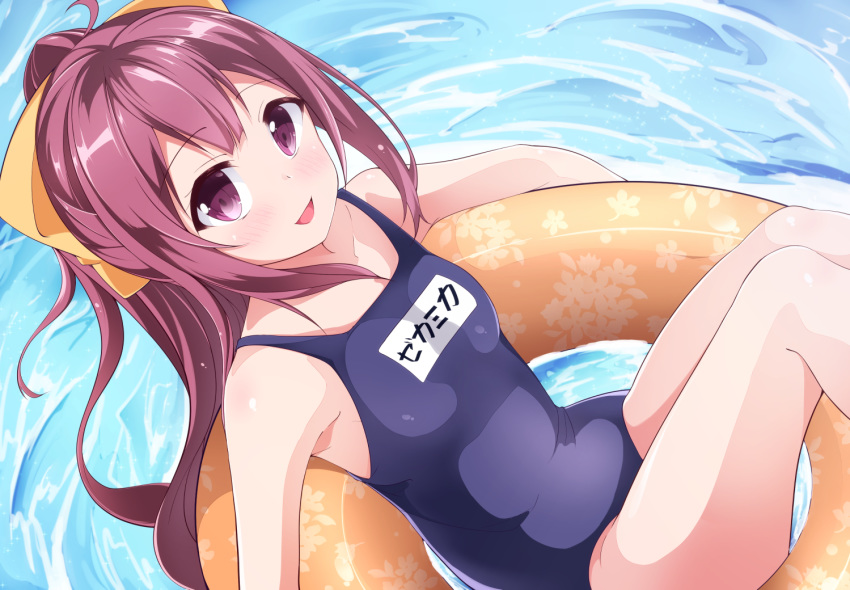 1girl acchii_(akina) bangs bare_shoulders blush bow breasts collarbone commentary_request eyebrows_visible_through_hair hair_between_eyes hair_bow innertube kamikaze_(kantai_collection) kantai_collection long_hair looking_at_viewer name_tag navel open_mouth purple_eyes purple_hair ribbon small_breasts smile solo yellow_ribbon