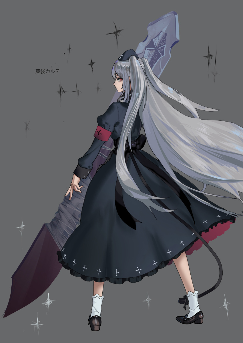 1girl armband bandages black_bow black_footwear bow buckle cross dress eyebrows_visible_through_hair graphite_(medium) grey_background grey_hair hat highres holding holding_weapon liyou-ryon long_hair minai_karte red_eyes scalpel simple_background solo sparkle standing tail traditional_media twintails virtual_clinic virtual_youtuber weapon