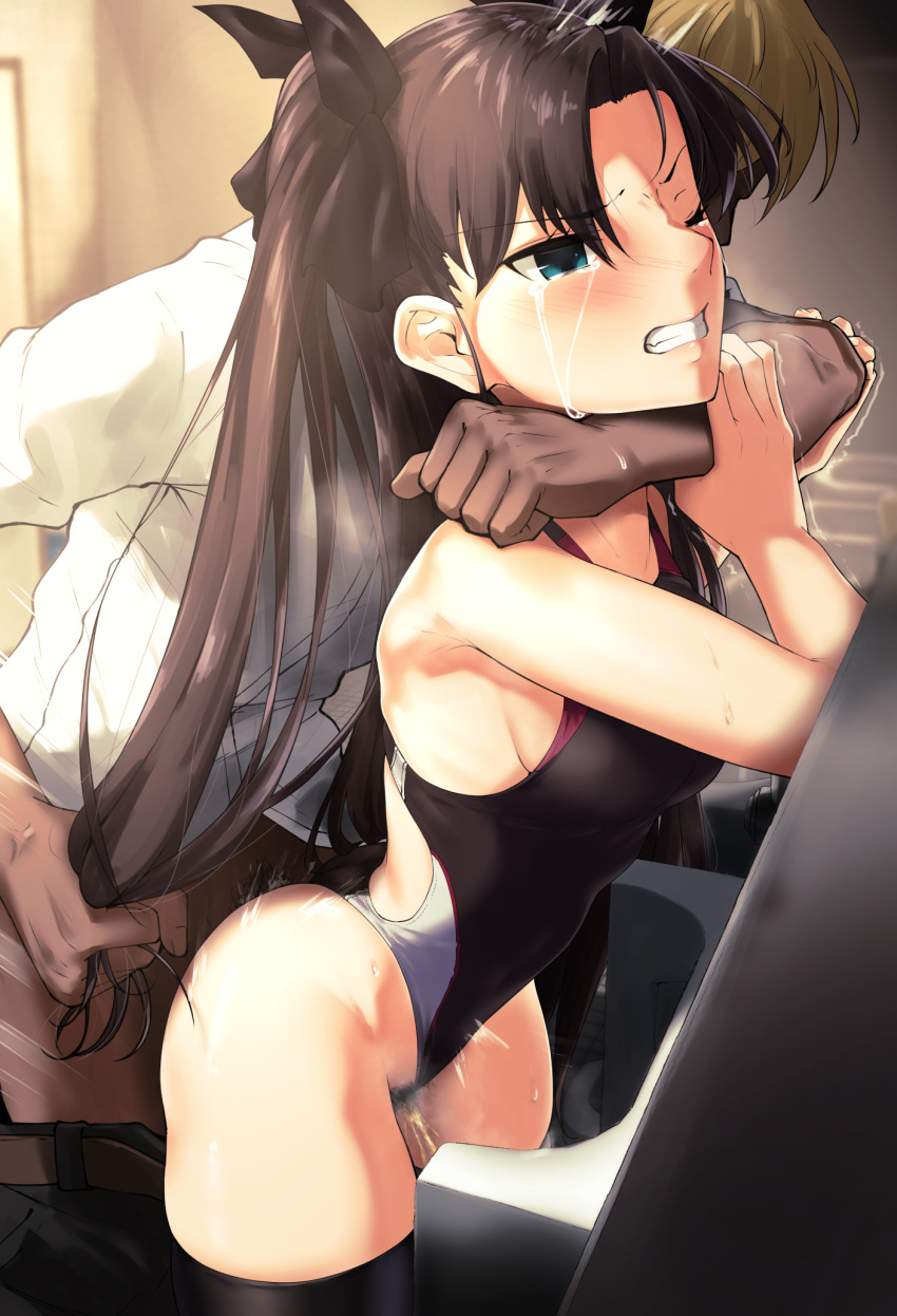 .ronde 1boy 1girl asphyxiation black_hair black_legwear black_ribbon blush choking commentary commentary_request fate/stay_night fate_(series) green_eyes hair_pull hair_ribbon hetero highres long_hair one-piece_swimsuit peeing rape ribbon sex sweat swimsuit tears thighhighs toilet toosaka_rin twintails