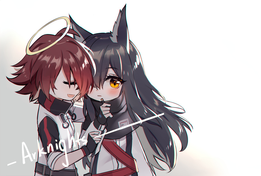 2girls :d animal_ear_fluff animal_ears arknights bangs baocaizi black_capelet black_gloves black_hair blush brown_eyes brown_hair capelet closed_eyes copyright_name exusiai_(arknights) eyebrows_visible_through_hair fingerless_gloves gloves gradient gradient_background grey_background hair_over_one_eye halo highres holding jacket long_hair long_sleeves looking_at_viewer multiple_girls open_mouth parted_lips profile short_sleeves sleeves_past_wrists smile texas_(arknights) very_long_hair white_background white_jacket