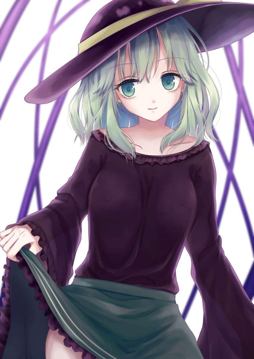 1girl absurdres closed_mouth collarbone covered_nipples eyebrows_visible_through_hair frilled_skirt frilled_sleeves frills green_eyes green_hair green_skirt hat hat_ribbon highres komeiji_koishi lifted_by_self long_hair long_sleeves looking_to_the_side purple_headwear purple_shirt ribbon rnkgmn shirt skirt skirt_lift smile solo standing touhou white_background wide_sleeves yellow_ribbon