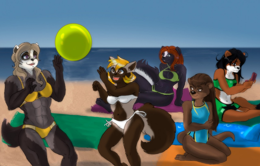 2019 5_fingers abs anthro badger beach bikini black_hair black_nose blonde_hair blue_eyes breasts brown_eyes brown_hair clothing digital_media_(artwork) eyebrows female fluffy fluffy_tail fur green_eyes hair jen_(mykegreywolf) kim_(mykegreywolf) liz_(mykegreywolf) lutrine mammal mel_(mykegreywolf) mephitid missebony muscular muscular_female mustela mustelid musteline nat_(mykegreywolf) navel open_mouth purple_eyes red_hair sea seaside simple_background skunk small_breasts smile surfboard swimwear water wolverine