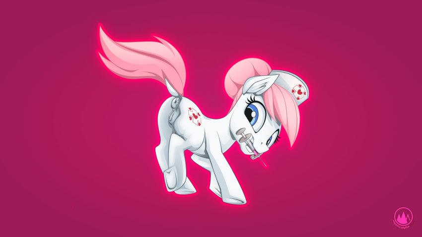 16:9 2019 anus butt cutie_mark dock earth_pony equid equine female feral friendship_is_magic hair hi_res horse looking_at_viewer looking_back mammal my_little_pony mysticalpha nurse_redheart_(mlp) pony presenting presenting_anus presenting_pussy pussy red_background simple_background solo syringe