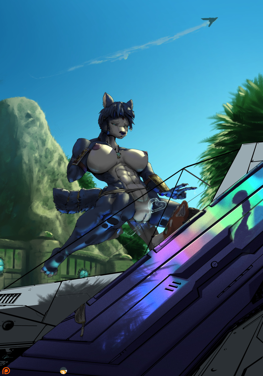 2019 4_toes 5_fingers abs absurd_res anthro armor arwing being_watched big_breasts braided_hair breasts canid canine cleavage clitoris clothed clothing crown cum cum_on_glass detailed_background eye_contact female fox fox_mccloud gauntlets gloves hair half-closed_eyes hi_res huge_breasts in_heat jewelry kansyr krystal light lighting looking_at_another male mammal muscular muscular_female necklace nintendo nipples nude on_glass outside presenting presenting_pussy pussy pussy_juice reflection ring seductive size_difference spacecraft spread_legs spreading star_fox surprise tail_rings thick_thighs toe_ring toes vehicle video_games wide_hips