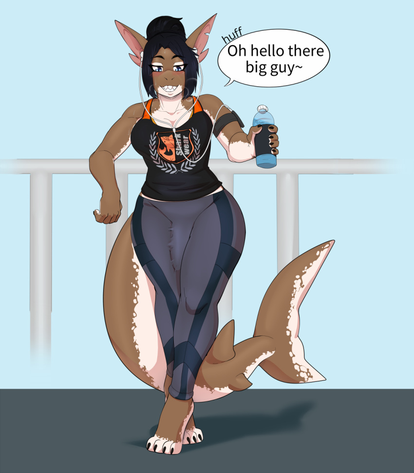 2019 4_toes 5_fingers 6my anthro blue_eyes blush breasts breath bulge claws cleavage clothed clothing dialogue dickgirl earbuds english_text erection erection_under_clothing eva_anders eyelashes fish hair half-closed_eyes headphones hi_res holding_object intersex looking_down marine notched_ear outside pants ponytail shark sharp_teeth sleeveless_shirt smile solo speech_bubble standing sweat teeth text tight_clothing toe_claws toes water_bottle