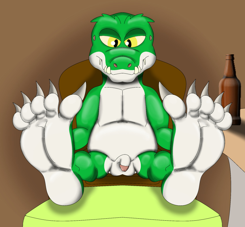 5_toes alligator alligatorid anthro balls barefoot bottle chair circumcised claws cregon crocodile crocodilian crocodylid feet foot_focus hi_res humanoid_penis jollyville male nude penis reptile scalie simple_background sitting soles teeth toes