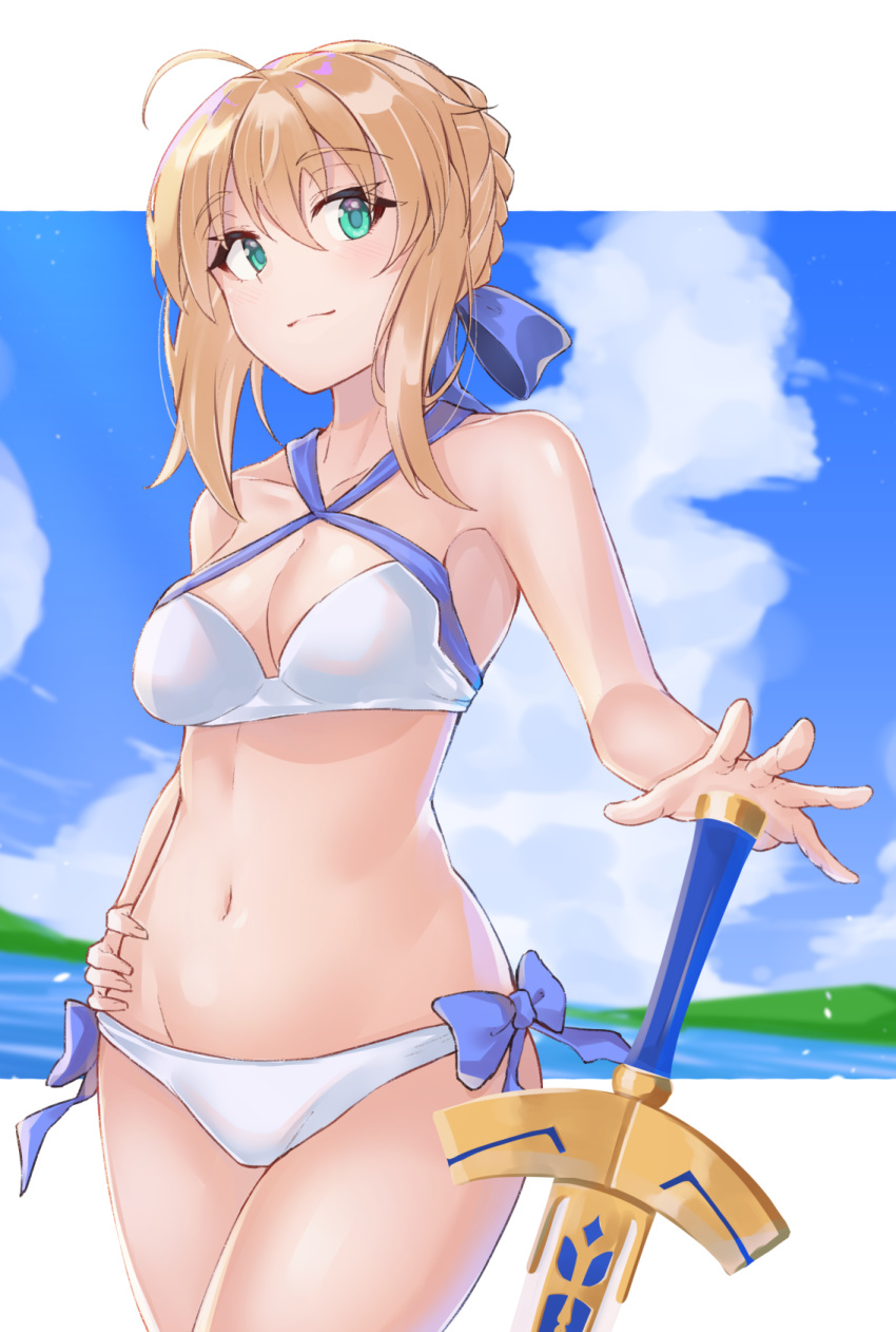 1girl ahoge artoria_pendragon_(all) artoria_pendragon_(swimsuit_archer) bangs bare_arms bare_shoulders bikini blue_bow blue_sky blush bow braid breasts cleavage closed_mouth cloud cloudy_sky commentary_request cowboy_shot criss-cross_halter day excalibur eyebrows_visible_through_hair fate/grand_order fate_(series) fingernails green_eyes hair_between_eyes hair_bow halterneck hand_on_hip highres light_brown_hair medium_breasts navel sidelocks sky smile solo swimsuit tapioka_(oekakitapioka) water white_bikini