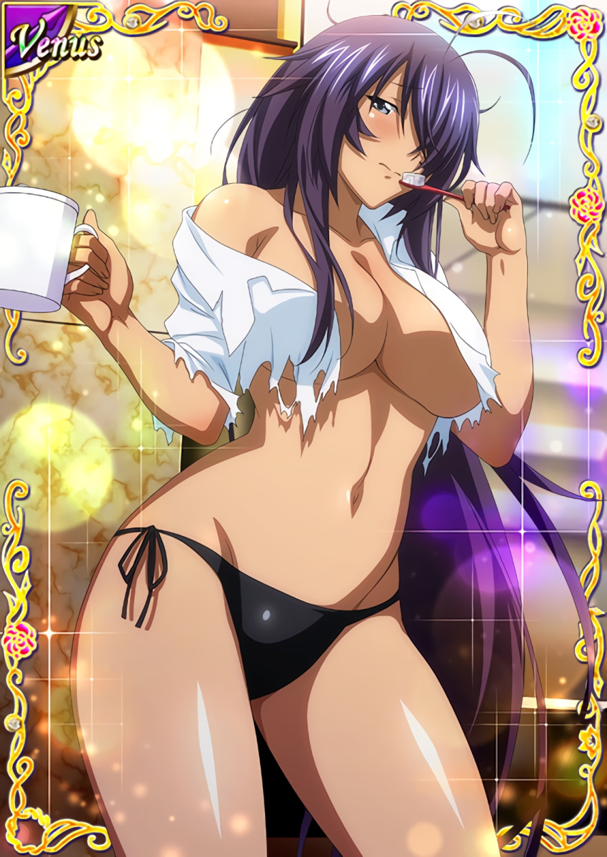 1girl antenna_hair bangs bikini black_panties breasts collarbone contrapposto cowboy_shot cup floating_hair grey_eyes groin highres holding holding_cup holding_toothbrush ikkitousen indoors kan'u_unchou large_breasts lens_flare long_hair looking_at_viewer navel panties purple_hair shiny shiny_hair side-tie_bikini solo sparkle standing swept_bangs swimsuit underboob underwear very_long_hair