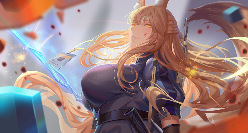 1girl animal_ear_fluff animal_ears arknights bangs blonde_hair blood blood_splatter blurry blurry_background breasts eyebrows_visible_through_hair fox_ears fox_tail franka_(arknights) id_tag large_breasts long_hair looking_at_viewer parted_lips puffy_short_sleeves puffy_sleeves saber_01 short_sleeves solo tail upper_body yellow_eyes