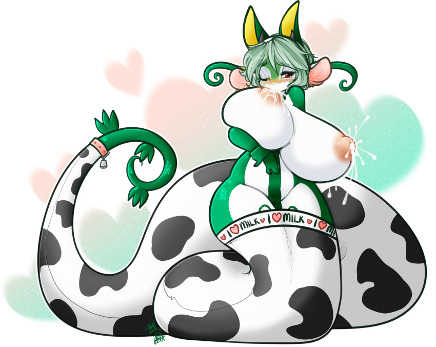 &lt;3 animal_humanoid areola big_breasts breast_grab breast_milking breast_squeeze breastfeeding breasts clothing cowbell female gradient_background green_hair hair hand_on_breast hi_res huge_breasts humanoid lactating long_tail looking_at_viewer milk mostly_nude nintendo nipples one_eye_closed pink_areola pink_nipples pok&eacute;mon pok&eacute;mon_(species) pussy red_eyes serperior simple_background solo tehbuttercookie video_games wide_hips