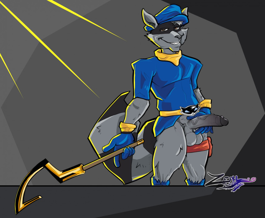 anthro balls bottomless clothed clothing erection fur humanoid_penis looking_at_viewer male mammal penis procyonid raccoon sly_cooper sly_cooper_(series) smile solo sony_corporation sony_interactive_entertainment sucker_punch_productions vein veiny_penis video_games zephurous