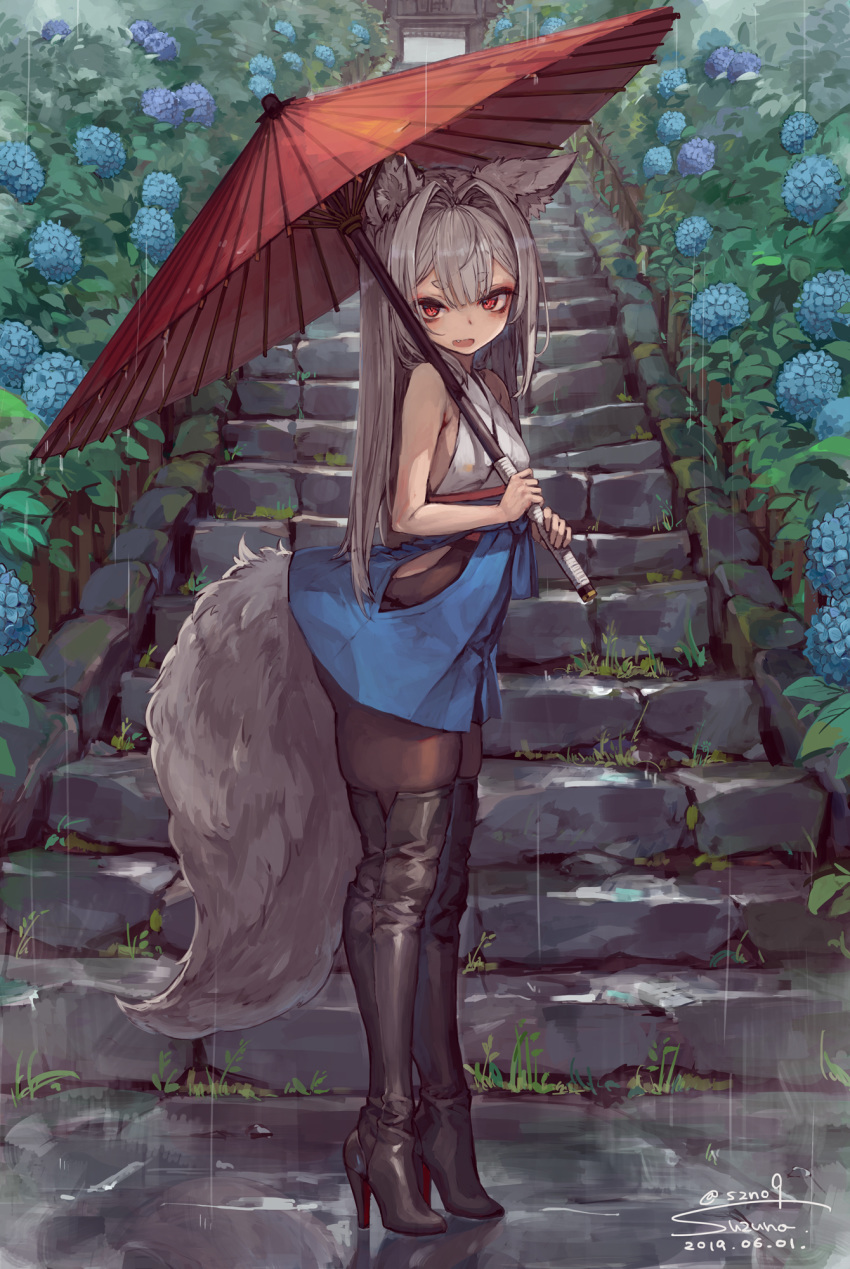 1girl animal_ear_fluff animal_ears ass backless_outfit bangs blue_skirt boots breasts dated eyebrows eyebrows_visible_through_hair eyeshadow fang flower fluffy fox_ears fox_girl fox_tail grey_hair hair_between_eyes hakama hakama_skirt high_heels highres hikimayu japanese_clothes leather leather_boots long_hair makeup oriental_umbrella original pantyhose rain red_eyes red_umbrella reflection short_eyebrows sidelocks signature skindentation skirt slit_pupils small_breasts stairs suzuno_(bookshelf) tail thick_eyebrows thigh_boots thighhighs thighs torii twitter_username umbrella vegetation wet_ground