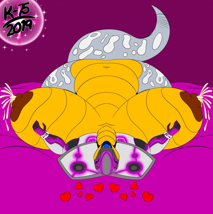 &lt;3 2019 bed big_breasts breasts cadenza_vivace cobra cybernetics cyborg eyes_closed female hi_res hyper invalid_tag kaithunderstone75 lactating lying machine navel nude on_back open_mouth overweight pattern pink_background reptile scales scalie signature simple_background snake solo sparkles speaker tailwag yellow_belly yellow_scales