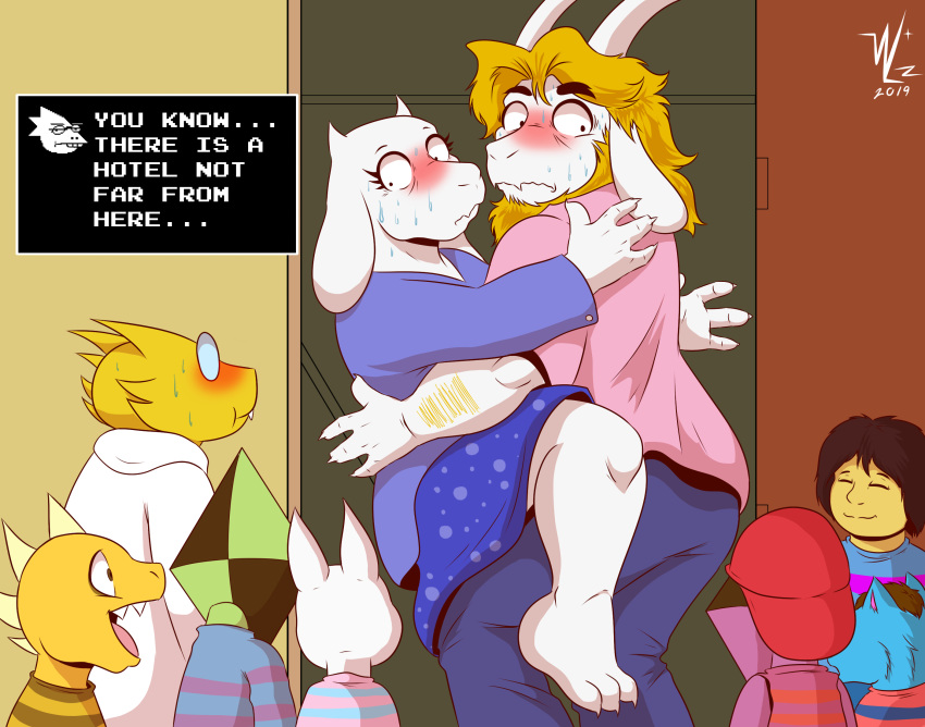 alphys anthro asgore_dreemurr beard beowulf100 blonde_hair blush body_hair boss_monster bovid caprine caught clothed clothing dialogue duo english_text eyewear facial_hair female fur glasses hair hi_res horn human lagomorph leporid lizard long_ears making_out male male/female mammal mature_female monster_kid nervous protagonist_(undertale) rabbit reptile scalie smile sweat teeth text toriel undertale video_games white_fur young