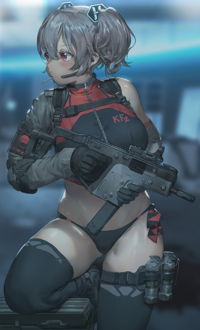 1girl absurdres ammunition_belt arm_warmers bare_shoulders black_gloves black_legwear blurry breasts candy commentary crop_top depth_of_field detached_sleeves explosive food gloves grenade gun hair_between_eyes highres holding holding_gun holding_weapon killing_floor killing_floor_2 large_breasts lollipop looking_to_the_side midriff monitor mouth_hold red_eyes shiny shiny_skin short_twintails silver_hair single_bare_shoulder solo standing standing_on_one_leg stomach thigh_strap thighhighs thighs twintails weapon yohan1754