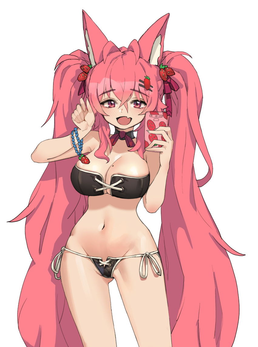 absurdres bikini bracelet breasts cellphone choker fang food_themed_hair_ornament fox_ear hair_ornament highres jewelry long_hair mole mole_on_breast open_mouth phone pink_hair red_eyes romana self_shot side-tie_bikini skin_fang smartphone standing strapless strapless_bikini strawberry_hair_ornament swimsuit twintails very_long_hair