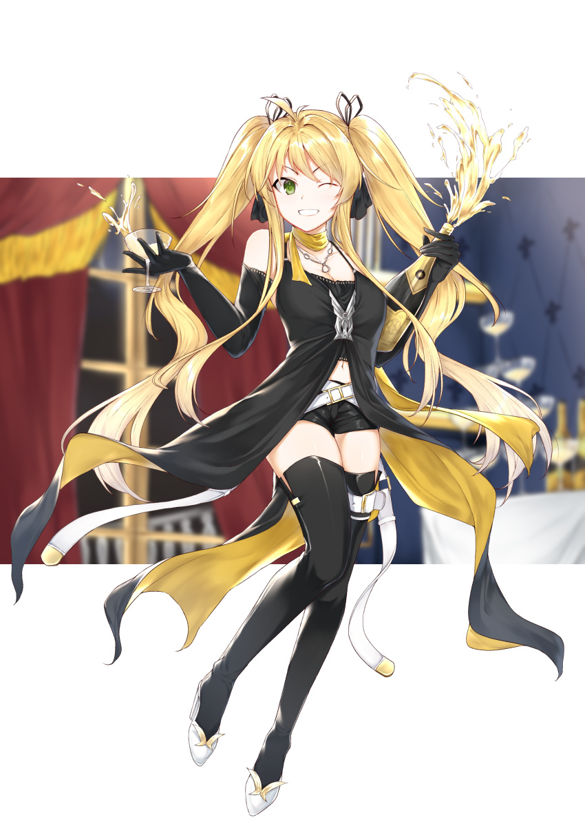 1girl absurdres alternate_costume azur_lane belt black_dress black_legwear blonde_hair blurry blurry_background bottle breasts cleavage collarbone cup detached_sleeves dress drinking_glass full_body green_eyes highres hornet_(azur_lane) jewelry kimidori3_karla long_hair looking_at_viewer necklace one_eye_closed shoes shorts solo thighhighs twintails wine_bottle wine_glass