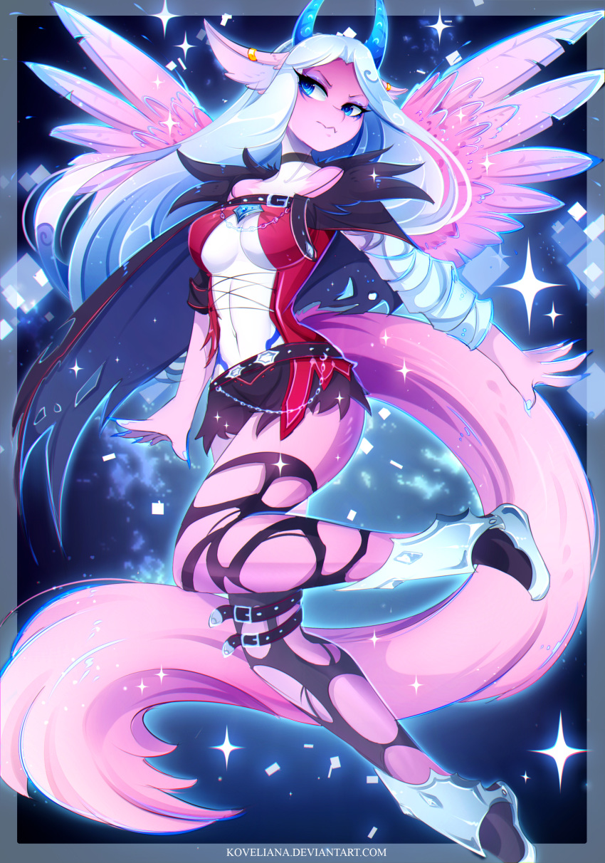 2019 5_fingers absurd_res blue_eyes breasts clothed clothing detailed_background digital_media_(artwork) feathered_wings feathers female fur hair hi_res horn koveliana navel pink_feathers pink_fur pink_skin solo white_hair wings