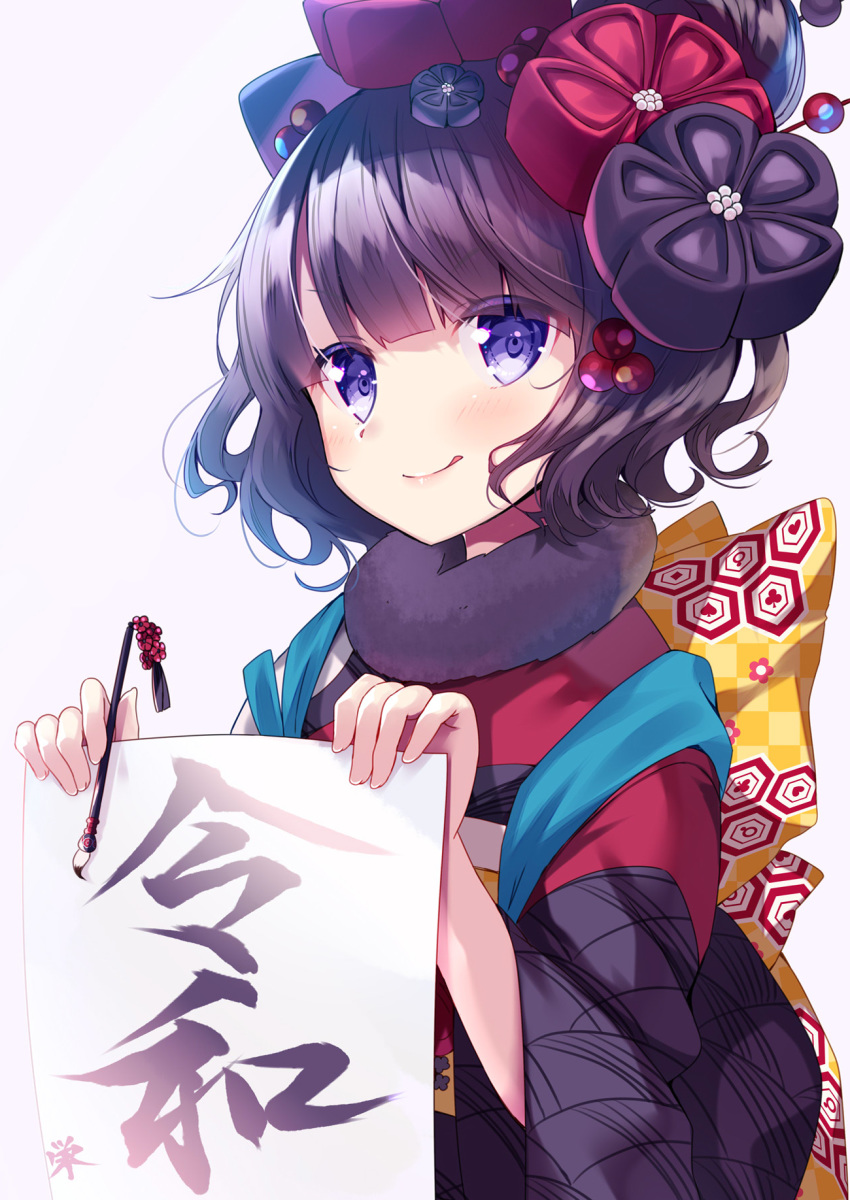 1girl :q =3 bangs blush bow calligraphy calligraphy_brush checkered checkered_bow closed_mouth commentary_request eyebrows_visible_through_hair fate/grand_order fate_(series) fingernails hair_ornament highres holding holding_paintbrush japanese_clothes katsushika_hokusai_(fate/grand_order) kimono ko_yu long_sleeves looking_at_viewer paintbrush purple_eyes purple_hair purple_kimono reiwa revision simple_background smile solo tongue tongue_out upper_body white_background wide_sleeves