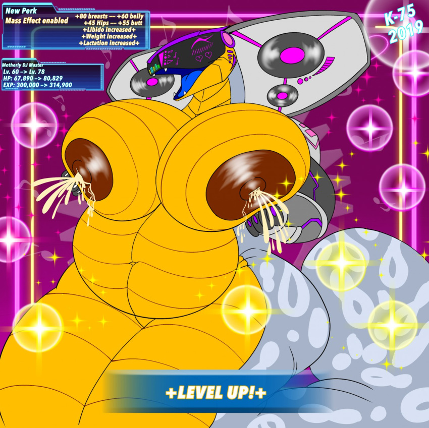2019 anthro belly big_breasts blue_tongue breasts cadenza_vivace cobra cybernetics cyborg dj eyes_closed fangs female glistening hi_res holding_breast hood kaithunderstone75 lactating level_up machine milk music musical_note naga nipples open_mouth overweight pink_background pink_eyes reptile scales scalie simple_background snake solo sparkles speaker stats tongue wide_hips yellow_belly yellow_scales