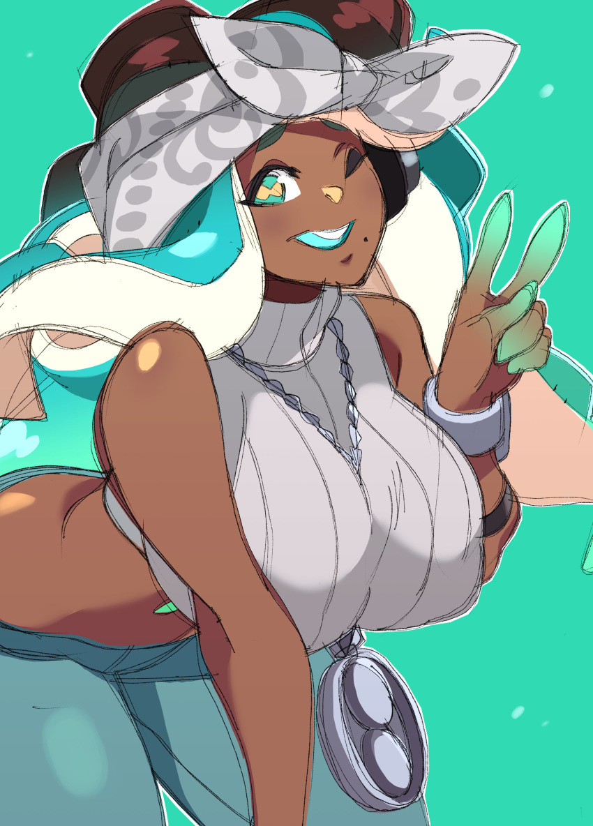 ;) absurdres alternate_costume bandana bent_over between_breasts breasts cephalopod_eyes chain_necklace crop_top dark_skin green_eyes green_hair green_lipstick green_pants highres huge_breasts iida_(splatoon) jewelry lipstick long_hair looking_at_viewer makeup midriff mole mole_under_mouth navel_piercing nisego octarian one_eye_closed pants pendant piercing pink_pupils ribbed_sweater sketch sleeveless sleeveless_turtleneck smile splatoon_(series) splatoon_2 splatoon_2:_octo_expansion suction_cups sweater tentacle_hair turtleneck v