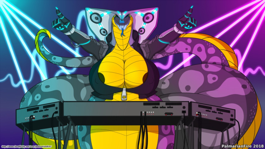 16:9 2018 big_breasts blue_eyes blue_tongue breasts cadenza_vivace cleavage clothed clothing cobra cybernetics cyborg dj female forked_tongue gesture laser machine music naga nipple_slip open_mouth palmarianfire pattern pointing rave reptile scales scalie skimpy snake solo speaker tongue top turntable_(decks) wide_hips yellow_belly yellow_scales zipper