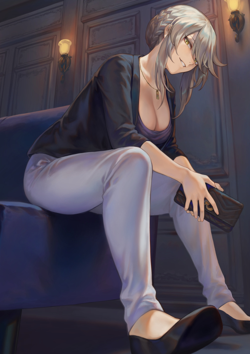1girl artoria_pendragon_(all) artoria_pendragon_(lancer_alter) bag bangs black_footwear black_jacket braid breasts cleavage commentary_request couch fate/grand_order fate_(series) french_braid grey_hair grey_pants grin hair_bun handbag highres indoors jacket jewelry large_breasts leaning_forward long_hair long_sleeves looking_at_viewer mashu_003 necklace no_socks open_clothes open_jacket pants parted_lips purple_shirt shirt shoes sidelocks signature sitting sitting_sideways slit_pupils smile solo teeth wall_lamp wallet yellow_eyes