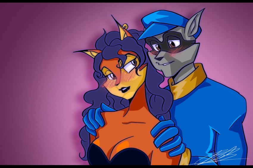 anthro babblingbrookebutler blue_hair blush breasts canid canine carmelita_fox clothed clothing duo female fox fur hair male mammal piercing procyonid raccoon romantic_couple sly_cooper sly_cooper_(series) sony_corporation sony_interactive_entertainment sucker_punch_productions video_games