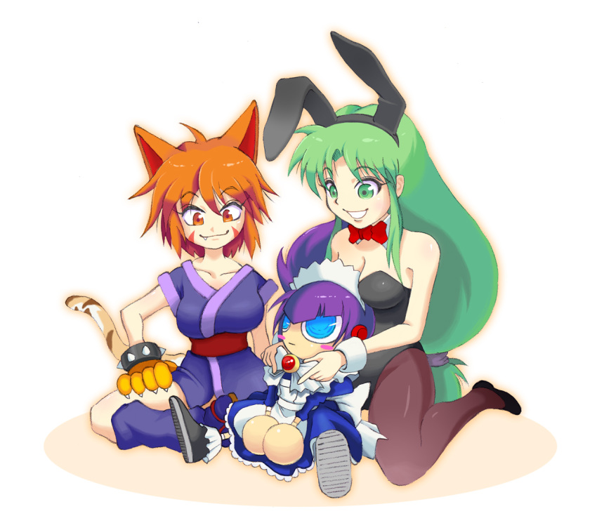 2girls :| alternate_costume androgynous animal_ears apron bare_shoulders blue_eyes blush_stickers bow bowtie breasts bunny_ears bunny_girl bunnysuit cat_ears cat_paws cat_tail closed_mouth crossed_legs enmaided eyebrows_visible_through_hair facial_tattoo fang flats ganbare_goemon green_eyes green_hair japanese_clothes large_breasts long_hair low-tied_long_hair maid maid_apron maid_headdress mechanical_hands multiple_girls ninja orange_eyes orange_hair pantyhose paws purple_hair robot robot_ears ryukou0125 sasuke_(ganbare_goemon) shoes short_hair sitting smile sneakers suzaku_(ganbare_goemon) tabi tail tattoo yae_(ganbare_goemon)