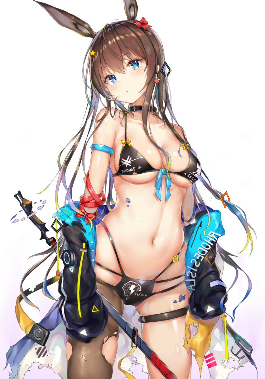 animal_ears araragikoyomis arknights bikini cameltoe cleavage garter open_shirt swimsuits sword torn_clothes underboob