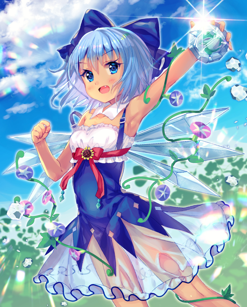 1girl adapted_costume animal arm_up armpits ayane_yui bandeau bangs bare_arms bare_shoulders blue_bow blue_dress blue_eyes blue_flower blue_hair blue_sky blush bow breasts cirno clenched_hand cloud commentary_request day detached_collar dress eyebrows_visible_through_hair fang feet_out_of_frame flower frills frog frozen frozen_frog hair_between_eyes hair_bow hand_up highres holding holding_animal ice ice_wings looking_at_viewer open_mouth outdoors plant purple_flower red_ribbon ribbon see-through short_hair sky small_breasts solo sparkle strap_slip sunflower tan tanned_cirno thighs touhou vines wings