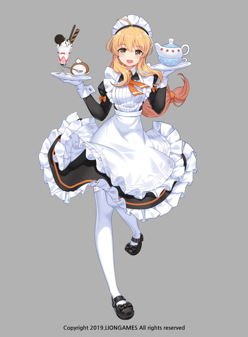 1girl apron black_bow black_dress black_footwear bow breasts cup dress fork frilled_apron frilled_dress frills full_body gloves grey_background haru_estia highres holding holding_tray juliet_sleeves lace lace-trimmed_legwear lim_jaejin long_sleeves maid maid_apron maid_headdress mary_janes medium_breasts orange_bow parfait puffy_sleeves saucer shoes simple_background sleeves_past_wrists solo soul_worker standing standing_on_one_leg teacup teapot tray wafer_stick watermark white_apron white_gloves white_legwear