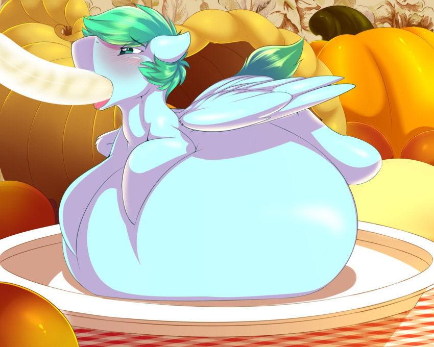 5:4 abdominal_bulge ambiguous_gender belly big_belly blue_eyes blue_fur blue_hair blush camychan digital_media_(artwork) equid equine feathers feral food friendship_is_magic fruit fur hair hooves horse hyper hyper_belly mammal my_little_pony neck_bulge on_plate oral plant plate pony pterippus pumpkin stuffing tongue tongue_out wings