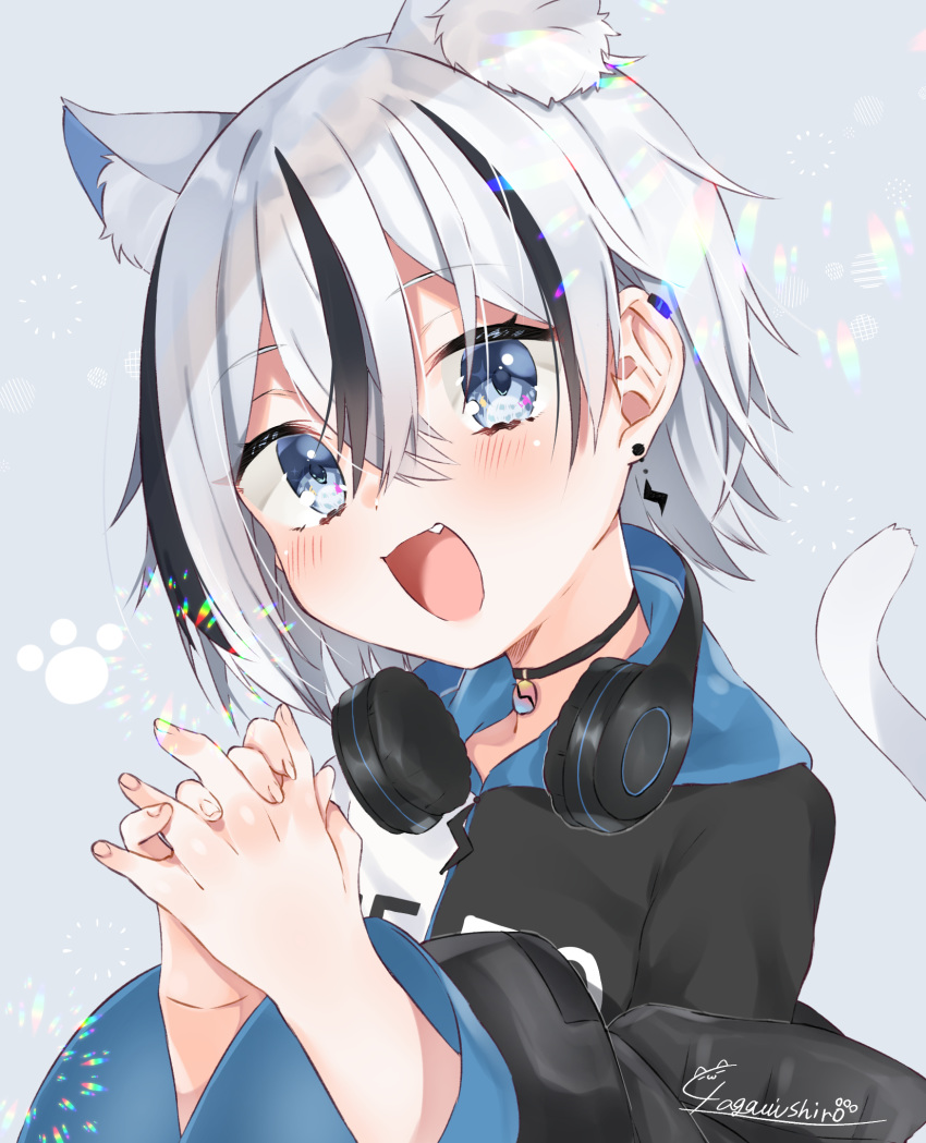 1girl :d abe_suke animal_ear_fluff animal_ears bangs black_choker black_hair black_hoodie blue_eyes cat_ears cat_girl cat_tail choker copyright_request earrings eyebrows_visible_through_hair fangs fingernails hair_between_eyes hands_clasped head_tilt headphones headphones_around_neck highres hood hood_down hoodie jewelry lightning_bolt lightning_bolt_earrings looking_at_viewer multicolored_hair open_mouth own_hands_together signature silver_hair smile solo streaked_hair tail tail_raised upper_body virtual_youtuber