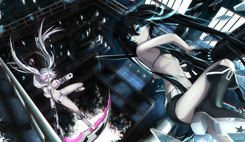 2girls absurdres bangs bare_arms bikini bikini_top_only black_bikini black_footwear black_hair black_rock_shooter black_rock_shooter_(character) black_shorts blue_eyes boots breasts closed_mouth dutch_angle fighting floating_hair gun hair_between_eyes highres holding holding_gun holding_scythe holding_sword holding_weapon hood hooded_jacket indoors jacket knee_boots long_hair long_sleeves multiple_girls navel open_clothes open_jacket red_eyes scythe shiny shiny_hair short_shorts shorts small_breasts smile swimsuit sword tokyo_(1421) twintails underboob very_long_hair weapon white_bikini white_footwear white_hair white_jacket white_rock_shooter white_shorts