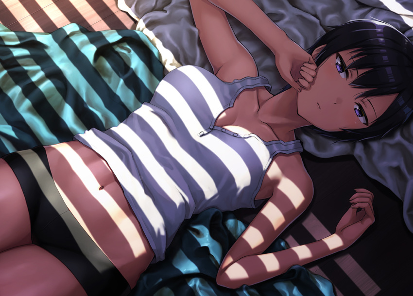 1girl abs arm_up bangs bare_shoulders black_hair blush boyshorts breasts cleavage clenched_hand closed_mouth collarbone cowboy_shot day dutch_angle fingernails from_above hair_between_eyes half-closed_eyes hand_on_own_face hand_up hashi indoors legs_together long_fingernails looking_at_viewer looking_up lying medium_breasts midriff navel no_bra on_back original partially_unbuttoned purple_eyes shade short_hair solo straight_hair sunlight tank_top unbuttoned white_tank_top window_shade wooden_floor