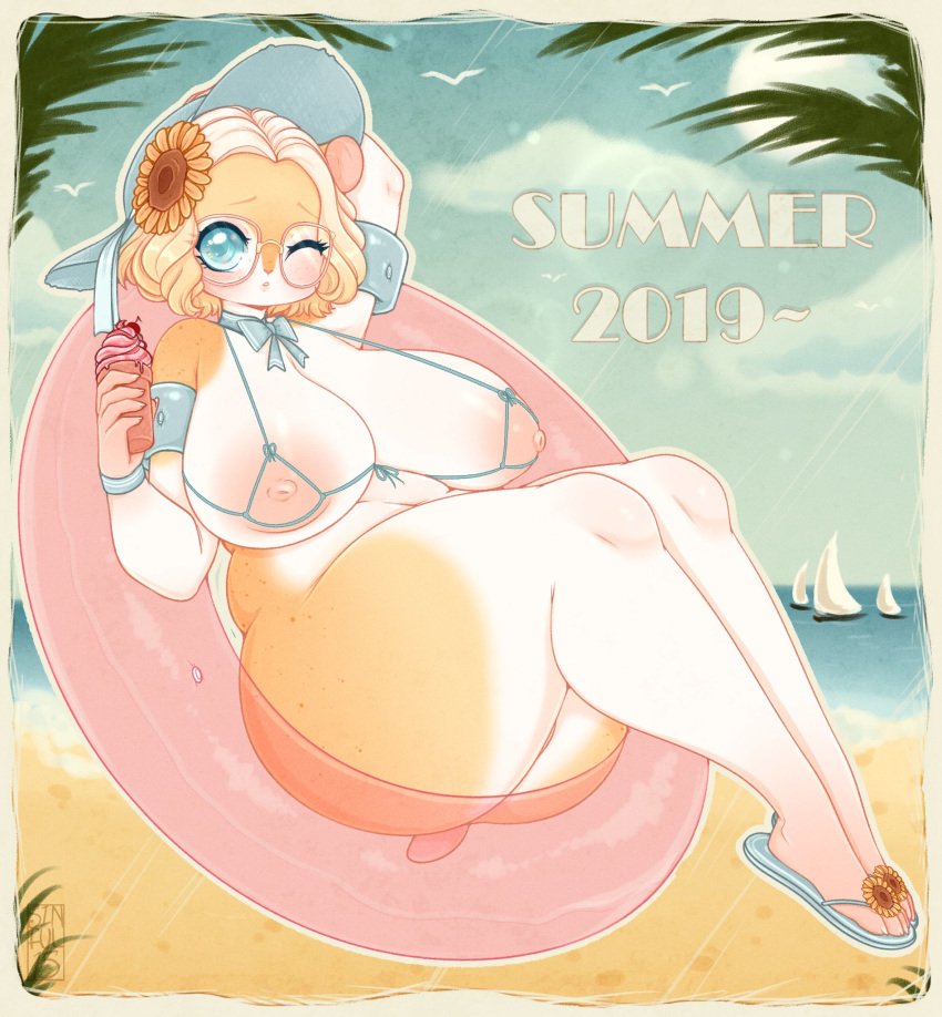 anthro beach beverage big_breasts bikini bottomless breasts clothed clothing cricetid female footwear hamster hi_res looking_at_viewer mammal nipples one_eye_closed overweight overweight_female postcard rodent sandals seaside sinfulwhispers15 solo swimwear thick_thighs