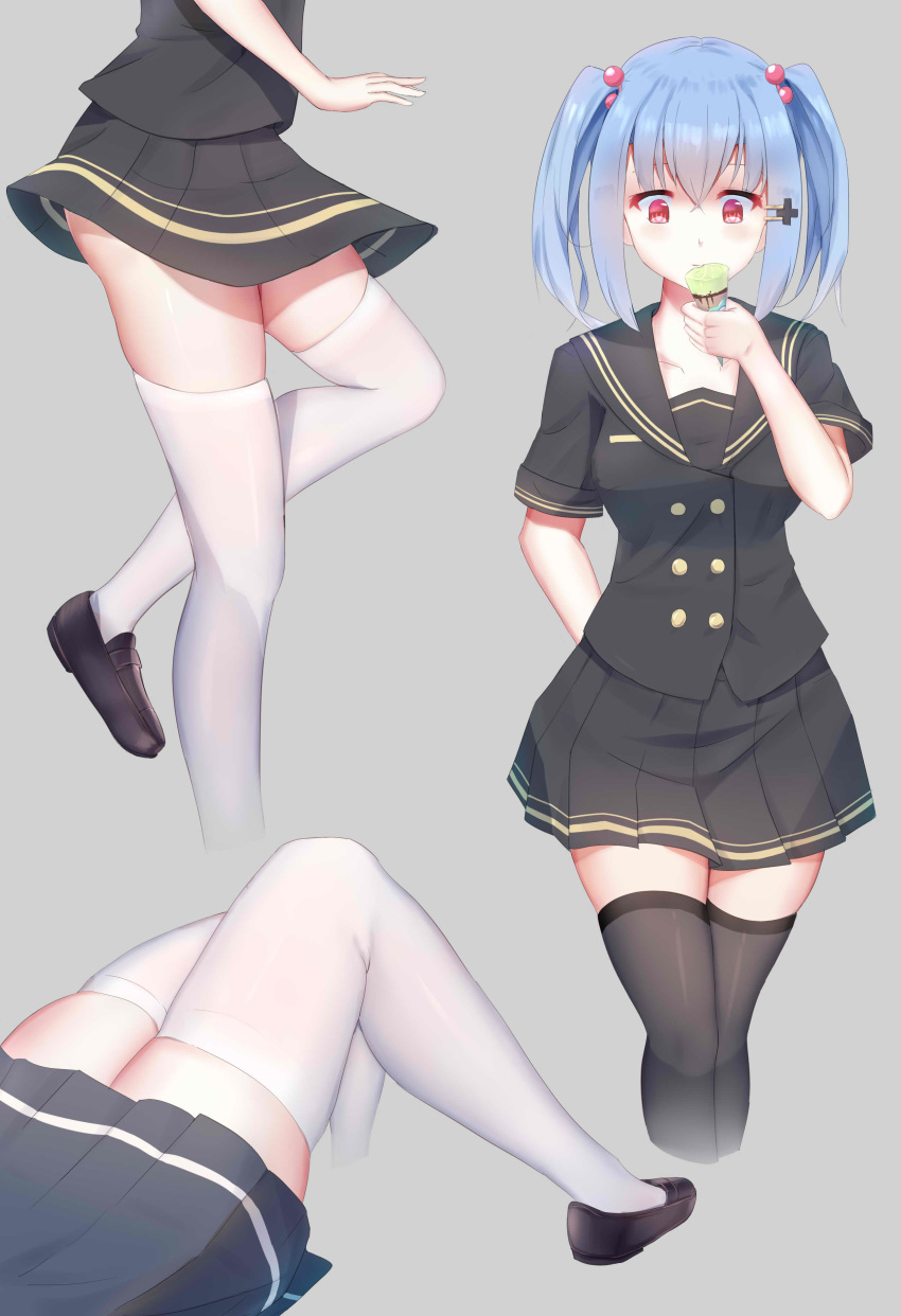 1girl absurdres arm_behind_back black_footwear black_legwear black_shirt black_skirt blue_hair eating food gei_daipf grey_background hair_bobbles hair_ornament highres ice_cream iron_cross loafers long_hair lower_body miniskirt multiple_views prinz_eugen_(warship_girls_r) red_eyes school_uniform shirt shoes short_sleeves skirt smile thighhighs twintails warship_girls_r white_legwear zettai_ryouiki