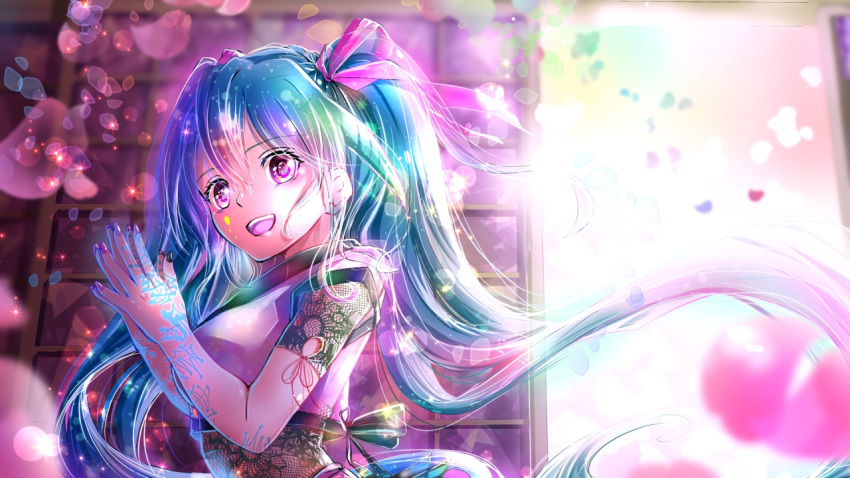 1girl :d black_nails black_ribbon blue_hair eyebrows_visible_through_hair floating_hair hair_between_eyes hair_ribbon hatsune_miku long_hair multicolored multicolored_nails nail_polish open_mouth petals pink_eyes pink_nails ribbon shigemu_room short_sleeves smile solo upper_body very_long_hair vocaloid