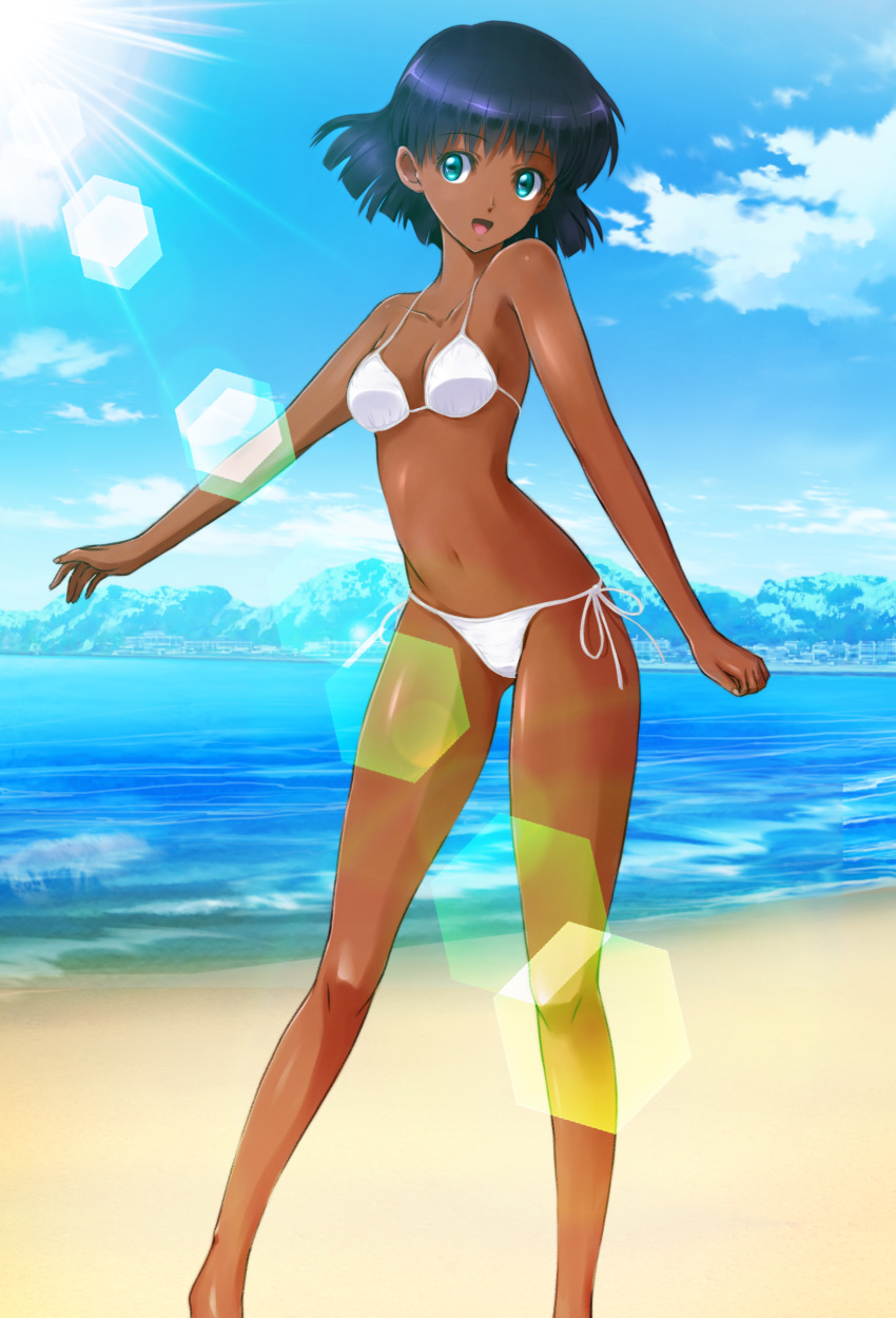 1girl absurdres beach bikini black_hair blue_eyes blue_sky bob_cut breasts cloud collarbone contrapposto dark_skin feet_out_of_frame fushigi_no_umi_no_nadia highres light_rays looking_at_viewer memory_(prophet5) nadia navel ocean outdoors side-tie_bikini sky small_breasts solo standing sunbeam sunlight swimsuit water